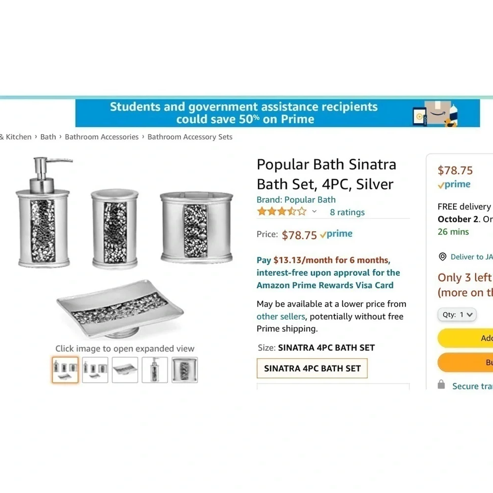 Silver Sinatra Bath Set Accessory 4 PC Mosaic Glass Popular Bath Sinatra